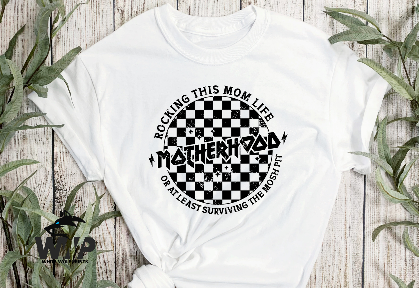 Ready To Press (DTF) MOTHERHOOD ROCKING THIS MOM LIFE OR AT LEAST SURVIVING THE MOSH PIT CHECKERED DTF TRANSFER