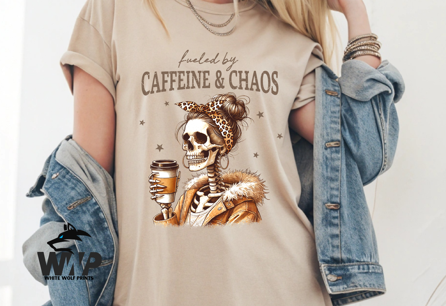 FUELED BY CAFFEINE AND CHAOS DTF TRANSFER SKULL