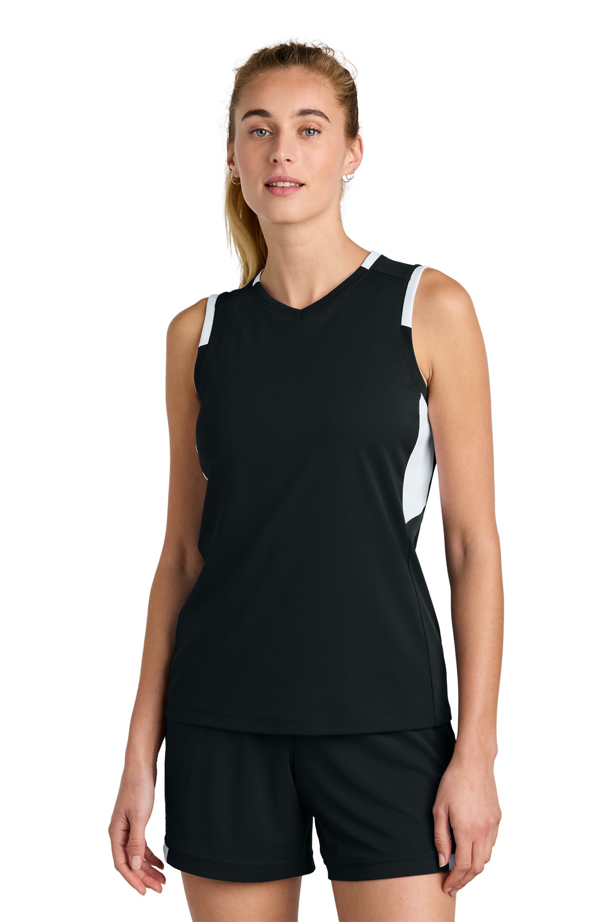 Sport-Tek® Women’s Club Sleeveless V-Neck Black/ White