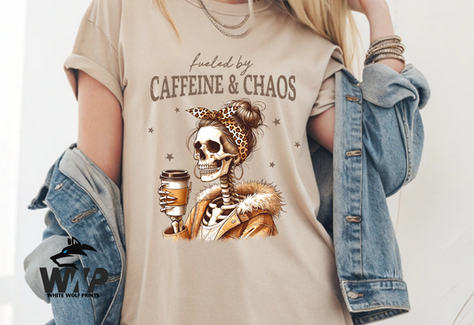 FUELED BY CAFFEINE AND CHAOS DTF TRANSFER SKULL